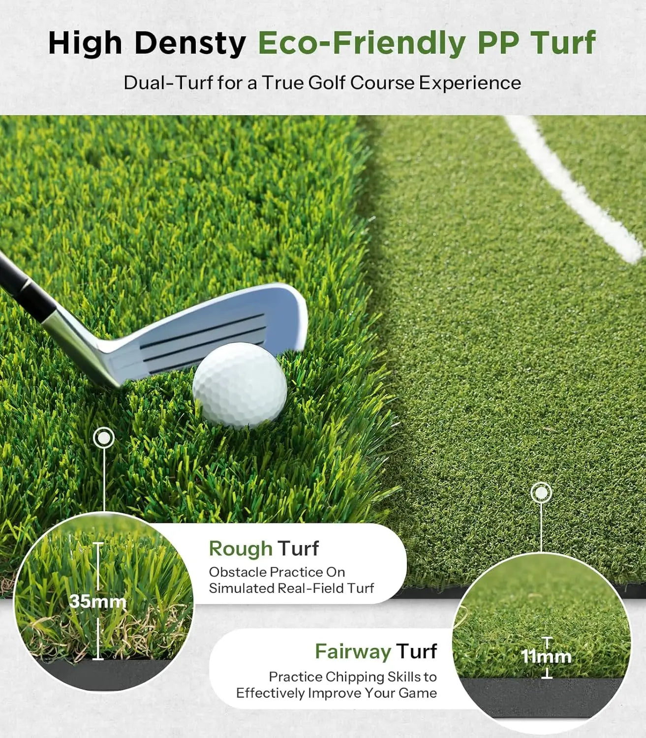 Golf Mat with Dual Turf | Golf Hitting Mat with Standing Guide-Line & Swing Path Line, 5x4ft Thickened Green Turf Practice Mats
