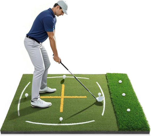 Golf Mat with Dual Turf | Golf Hitting Mat with Standing Guide-Line & Swing Path Line, 5x4ft Thickened Green Turf Practice Mats